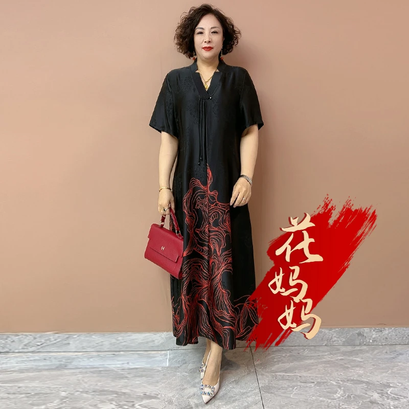 H夏季经典重磅真丝连衣裙宽松加肥加大码200斤遮肚显瘦过膝长裙子