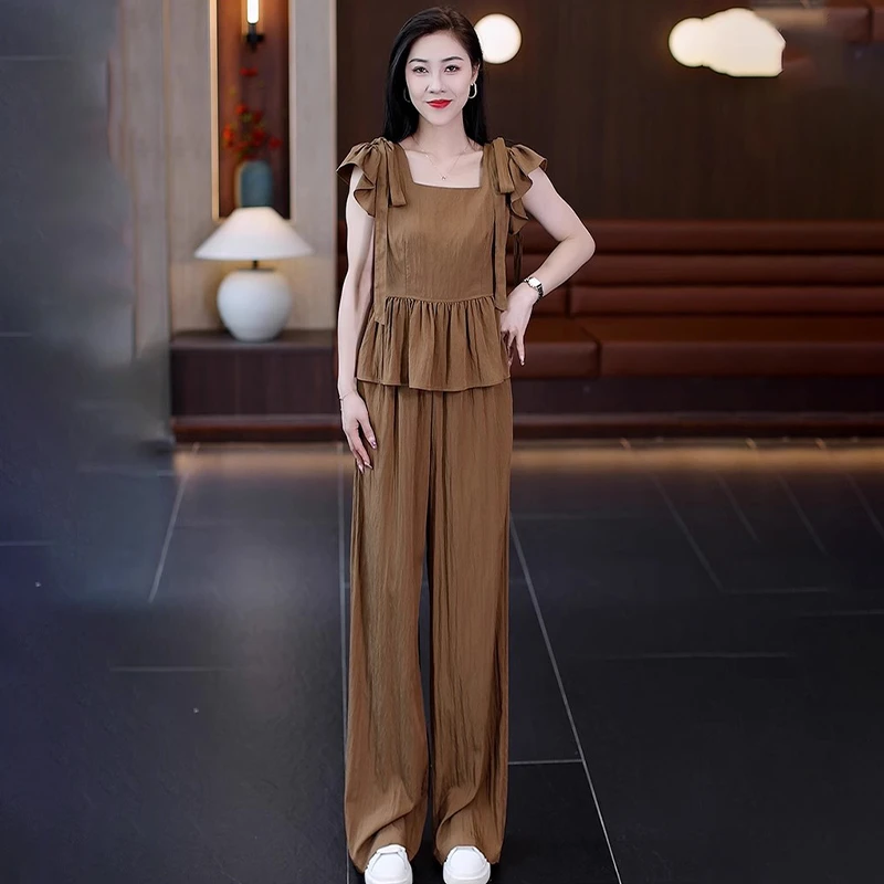 2025夏季新款休闲简约盐系套装女法式小飞袖上衣宽松阔腿裤两件套