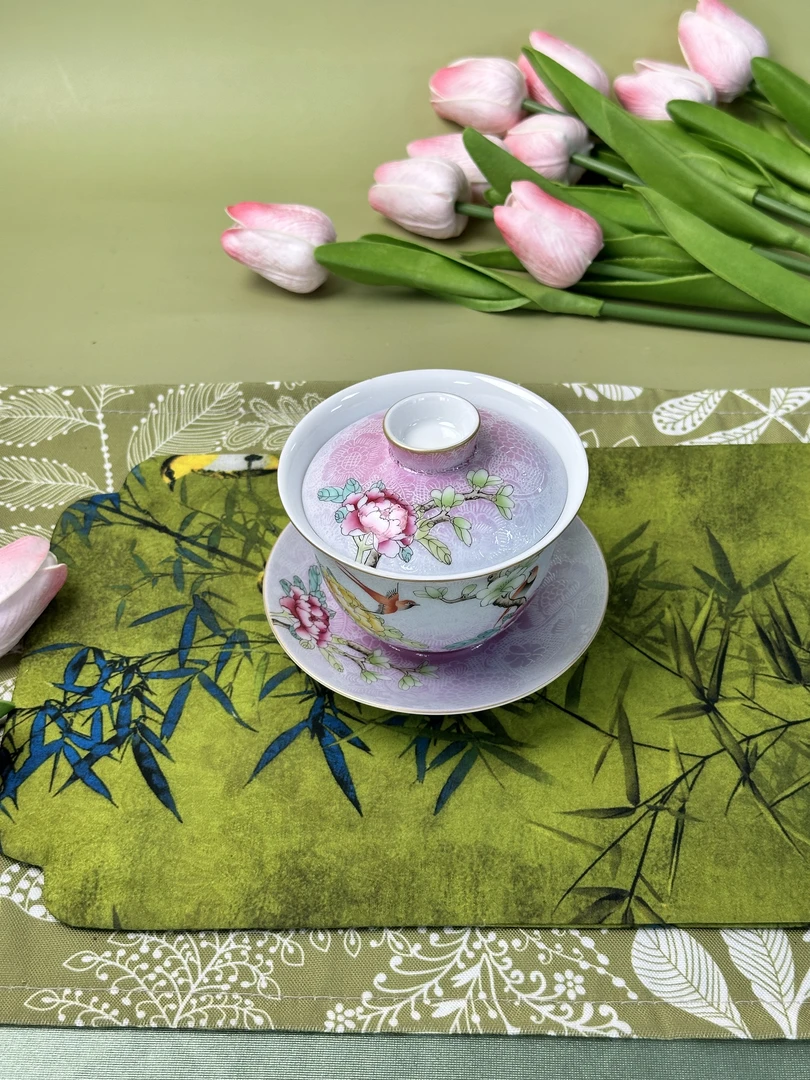 【一起淘儿】D93# 华山窑 精瓷陶瓷 三才盖碗 红釉繁花