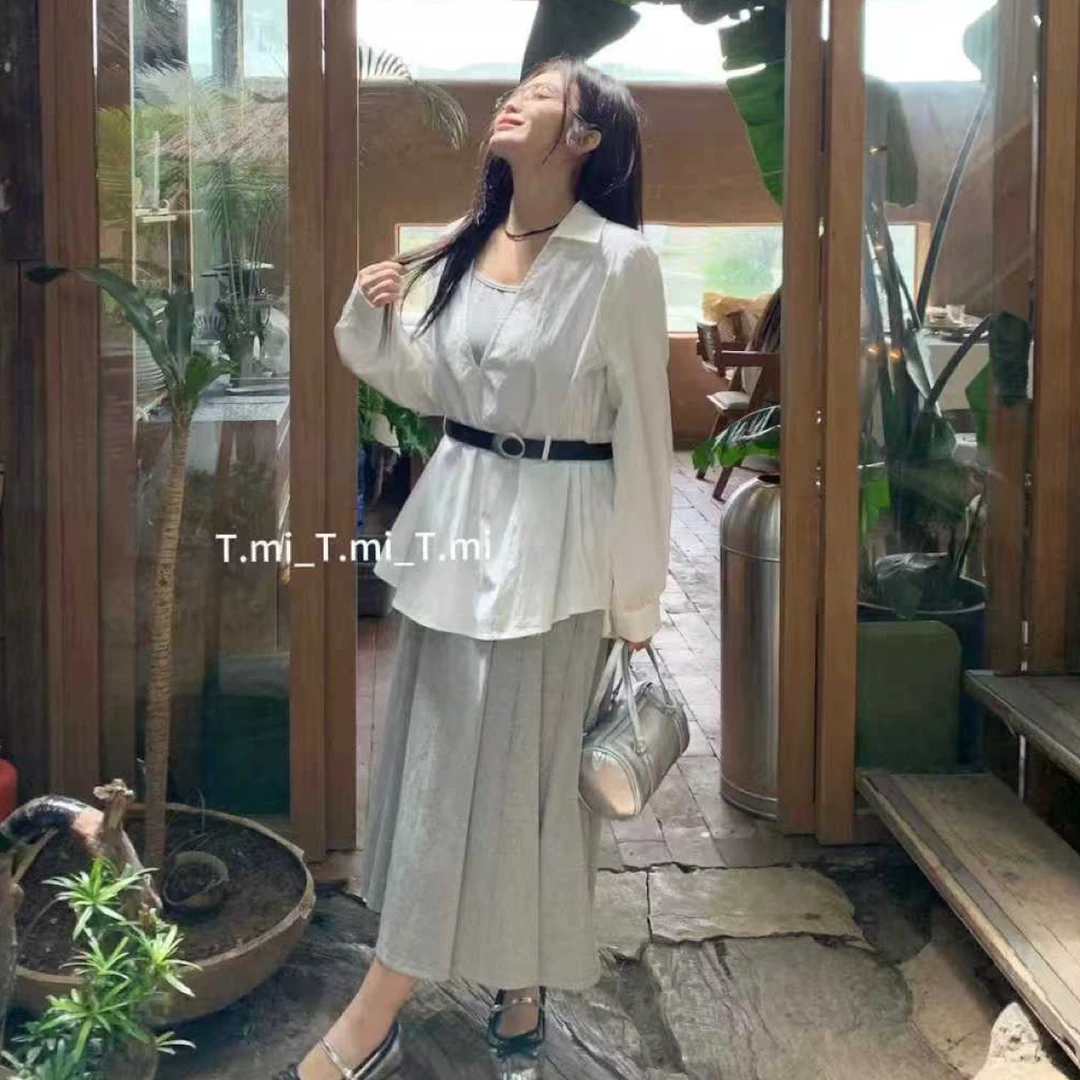 秋季V领衬衫配腰带➕吊带裙