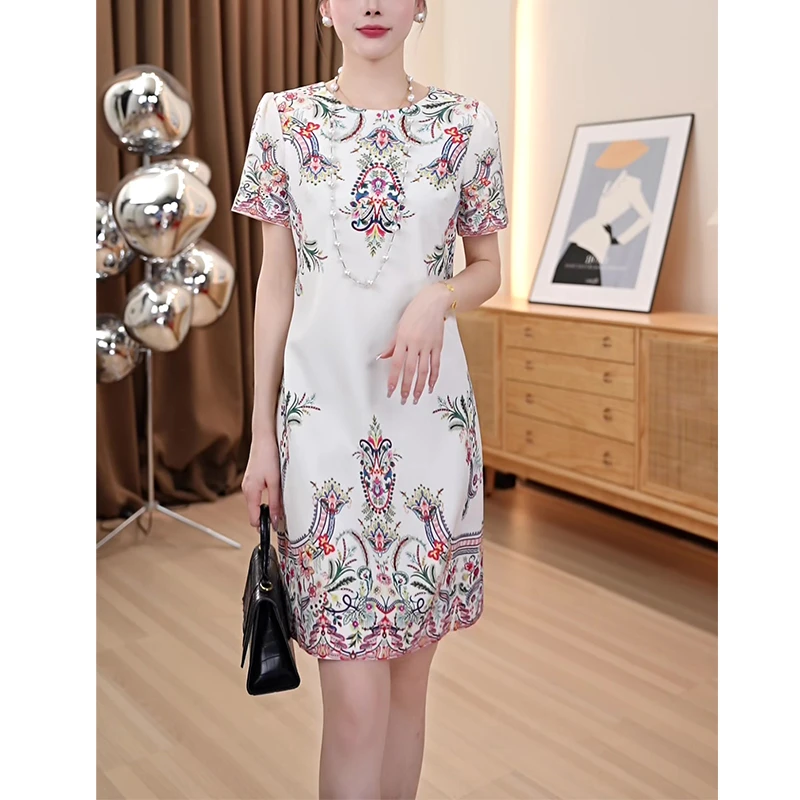 夏季波西米亚时尚气质减龄A字遮肚显瘦圆领透气中长连衣裙裙子AN