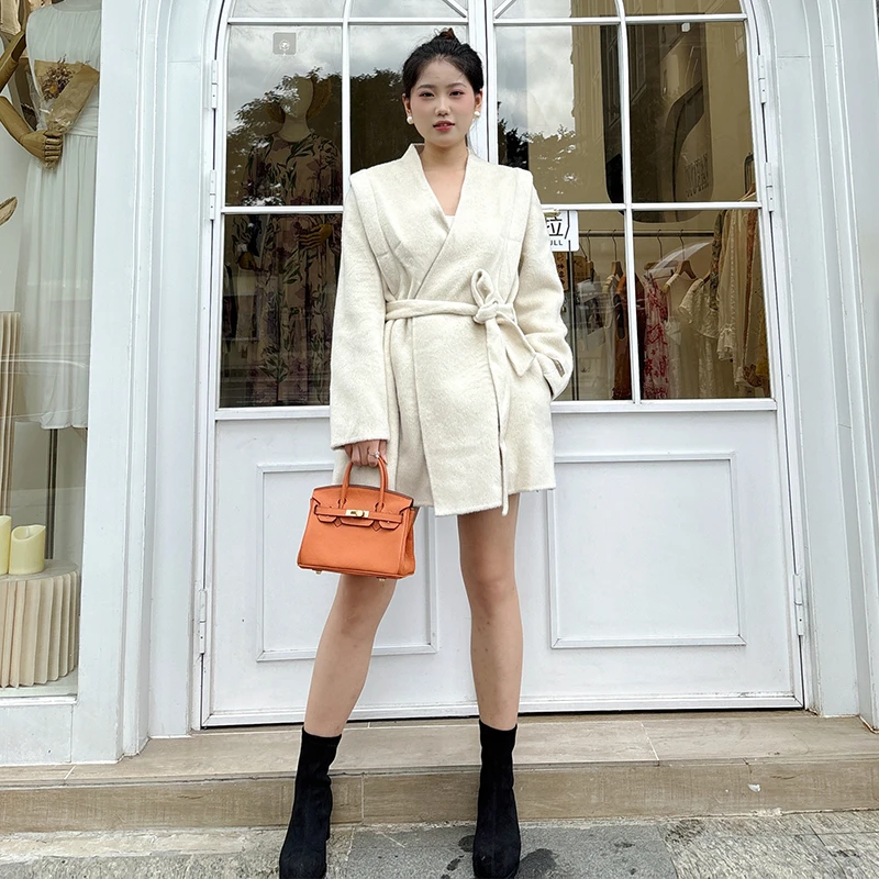 经典百搭系腰带中长款外套 女 双面进口澳洲羊绒羊毛V领大衣外套