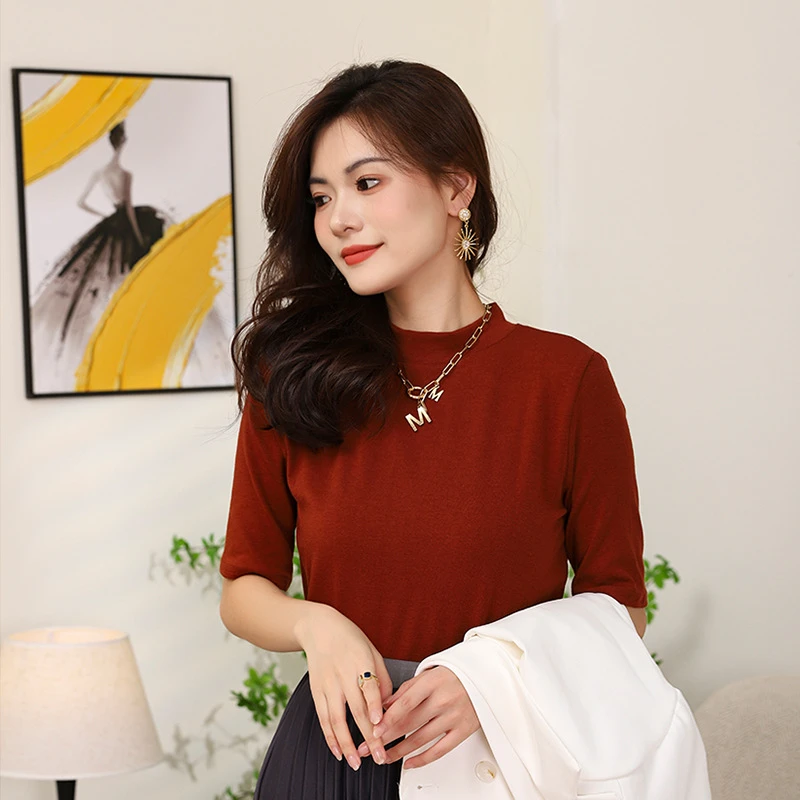 美拉德咖色圆领复古半袖t恤女 早秋新款纯色简约百搭外穿打底上衣