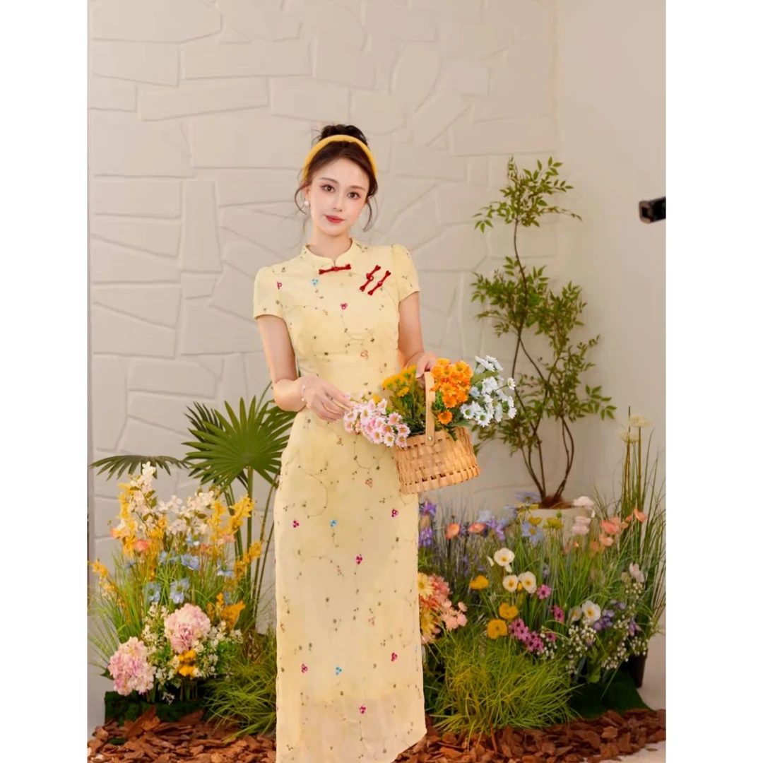 【夏沫】新中式撞色盘扣刺绣天丝旗袍网红连衣裙XMZH7418夏季显瘦