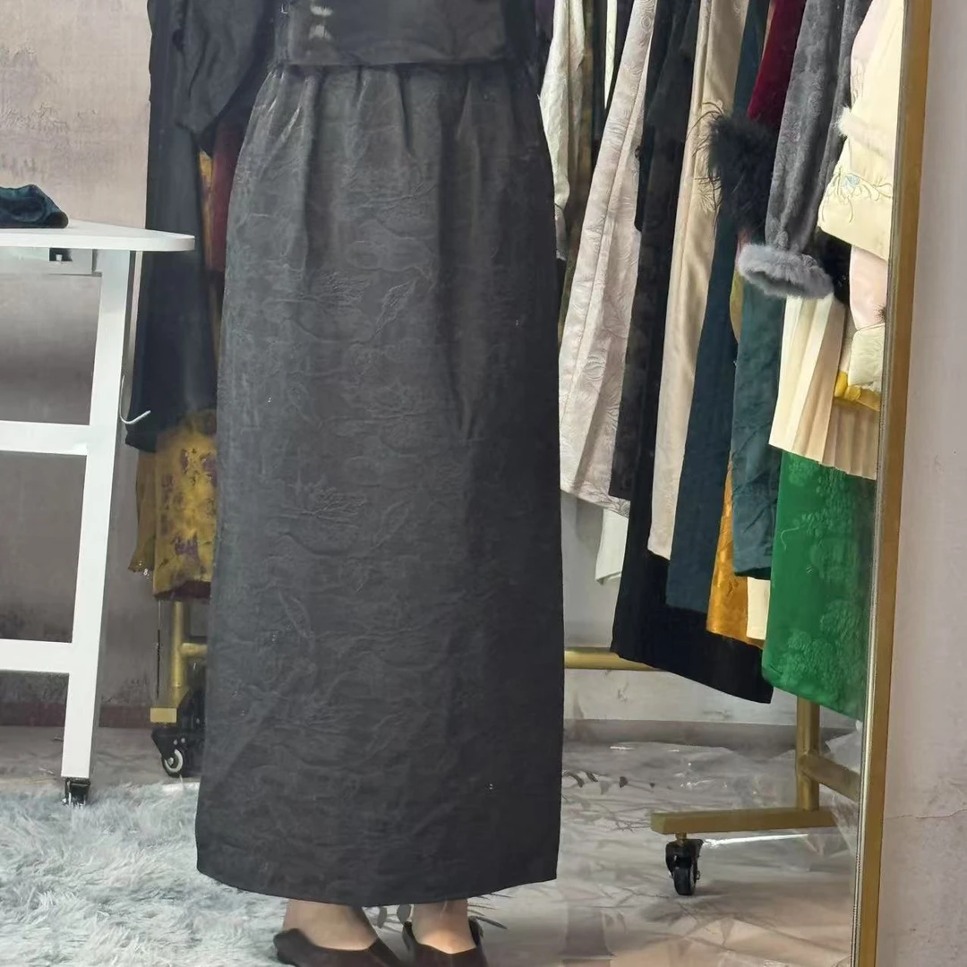 桑蚕丝油丝！布行限定染色！锦油绸黑荷花半裙