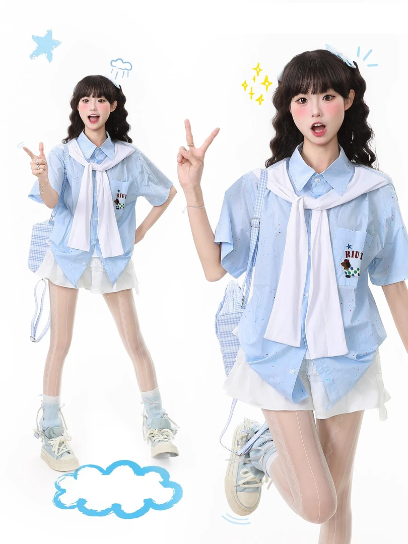 学院风腊肠小狗波点短袖衬衫女夏季韩系宽松bf百搭假两件披肩上衣