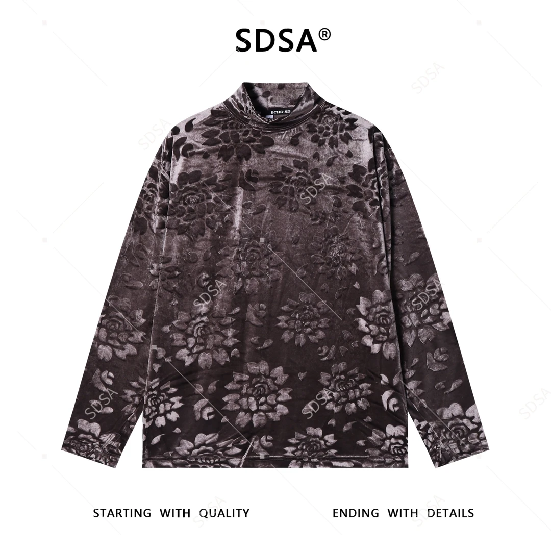 SDSA男士秋冬新款痞帅男装时尚简约植绒花卉半高领长袖T恤百搭潮