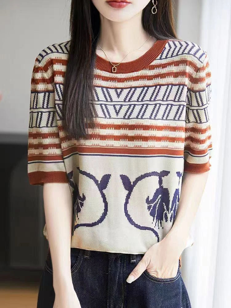 港风玫瑰套头丨100%莱赛尔夏季凉感气质显短袖女8896