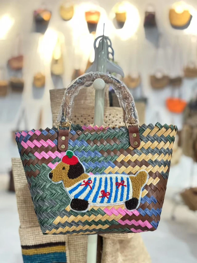 七彩腊肠狗竹节把手编织包