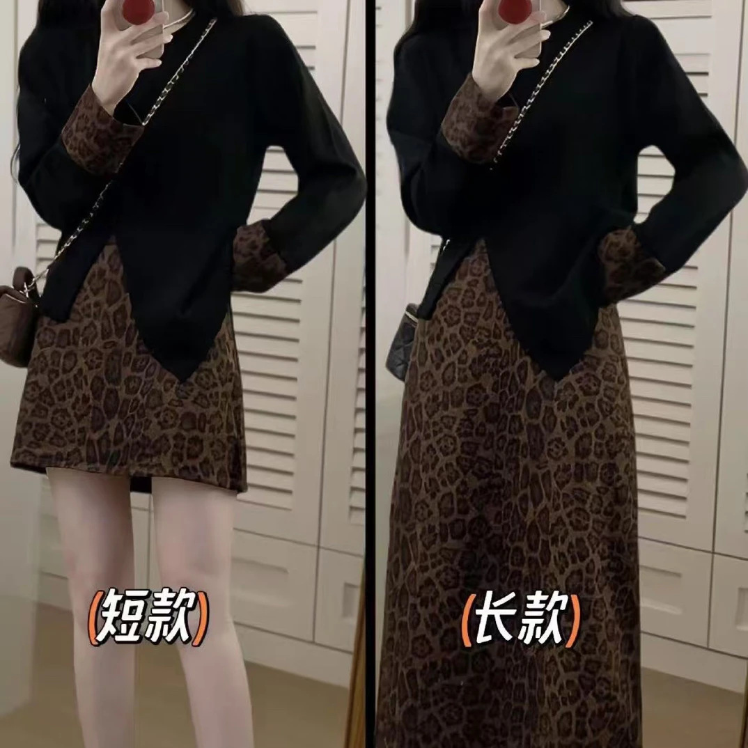 秋季大码女时尚不规则上衣豹纹上衣+裙子
