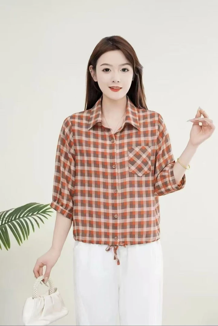 （七分袖）格子衬衫2-25夏季新款时尚百搭洋气遮肉显瘦衬衣小衫