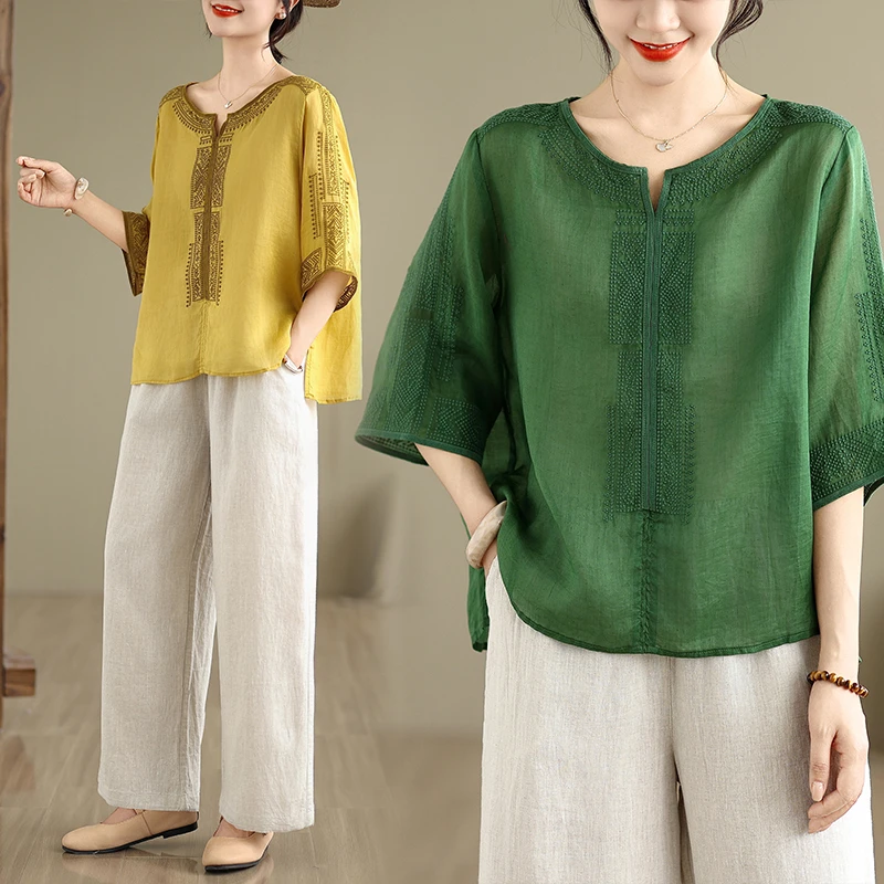 夏季新款时尚妈妈宽松显瘦棉套装女刺绣上衣阔腿裤女