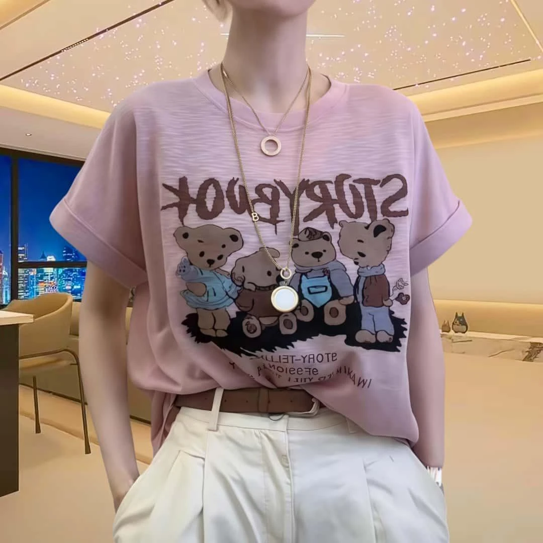 印花t恤女夏季新款宽松休闲时尚百搭纯色圆领短袖薄款上衣