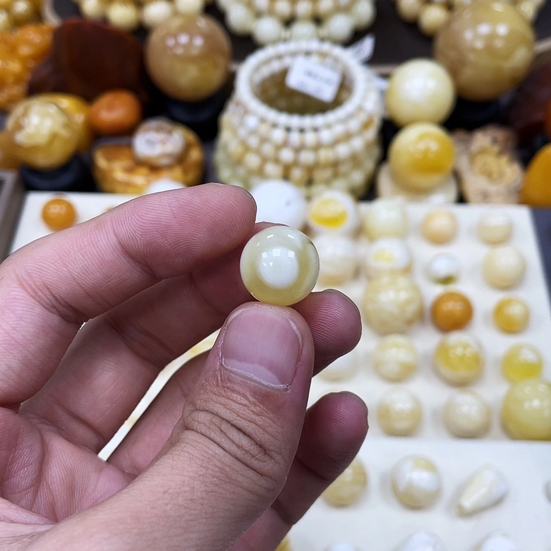 蜜蜡未镶嵌珠宝奇石14.3mm【双天眼妖花金瓷白】打孔不予退货