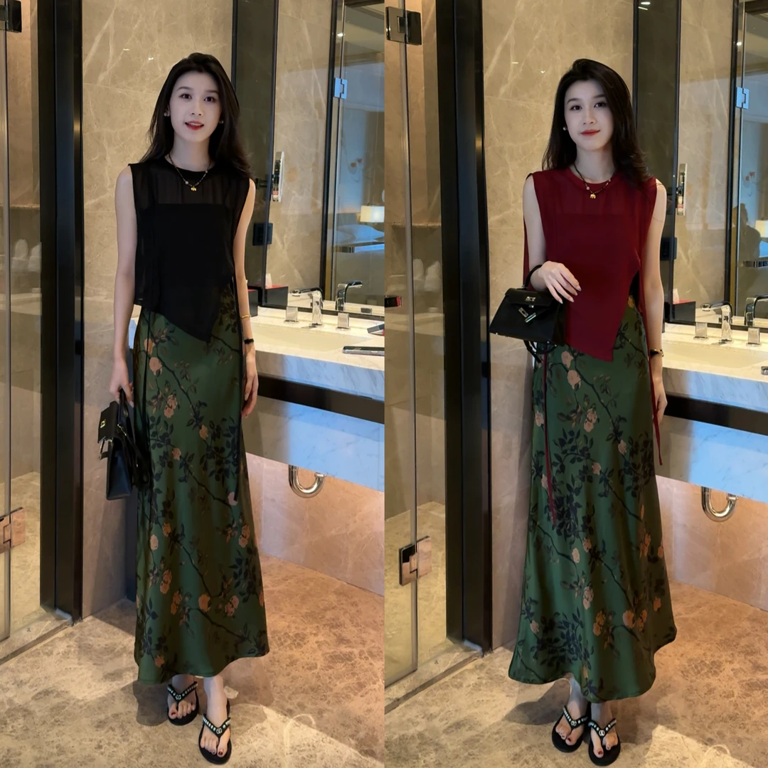 清雅不规则圆领无袖微透上衣+国风印花优雅高腰显瘦半身裙套装