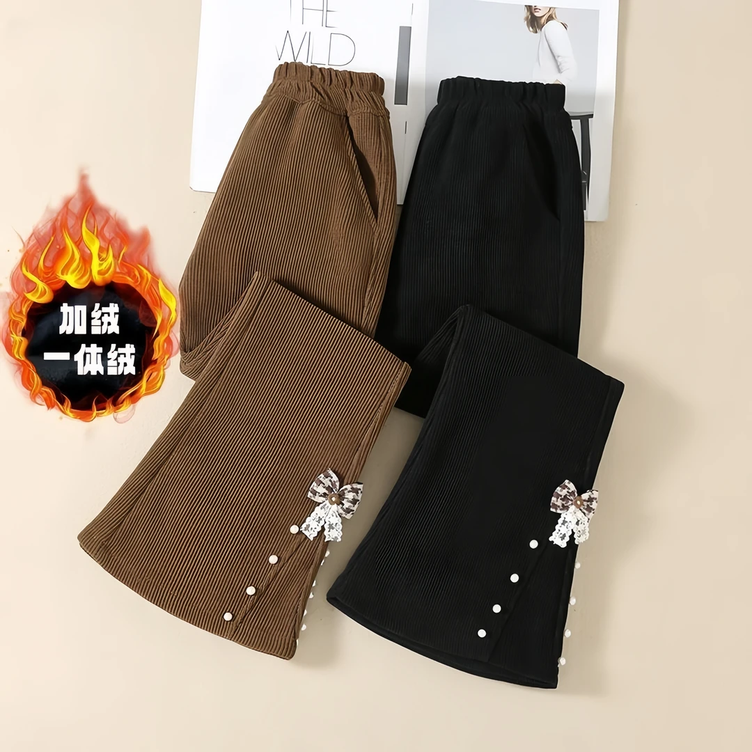 女童喇叭裤子秋冬季新款大儿童装洋气一体加绒百搭休闲灯芯绒