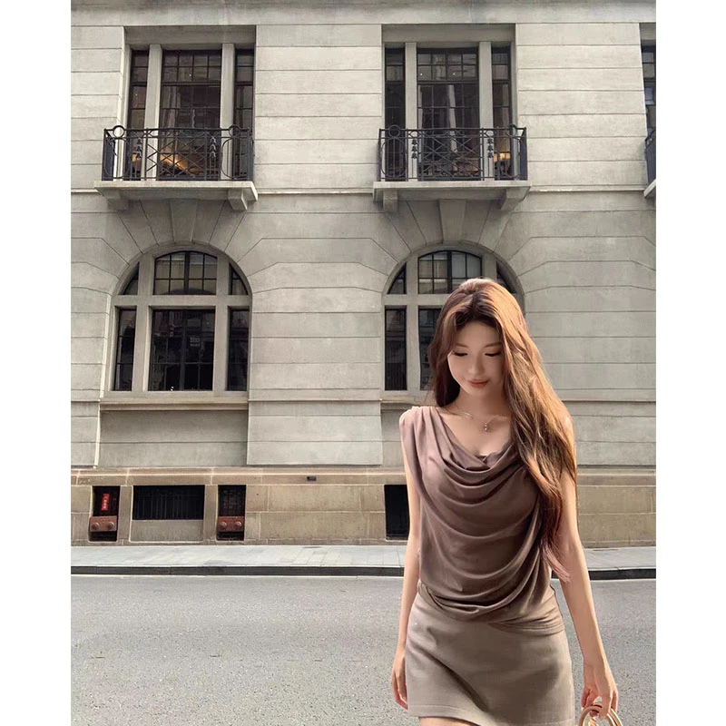 韩系纯欲慵懒风女装性感荡领无袖上衣夏季新款宽松气质包臀短裙潮