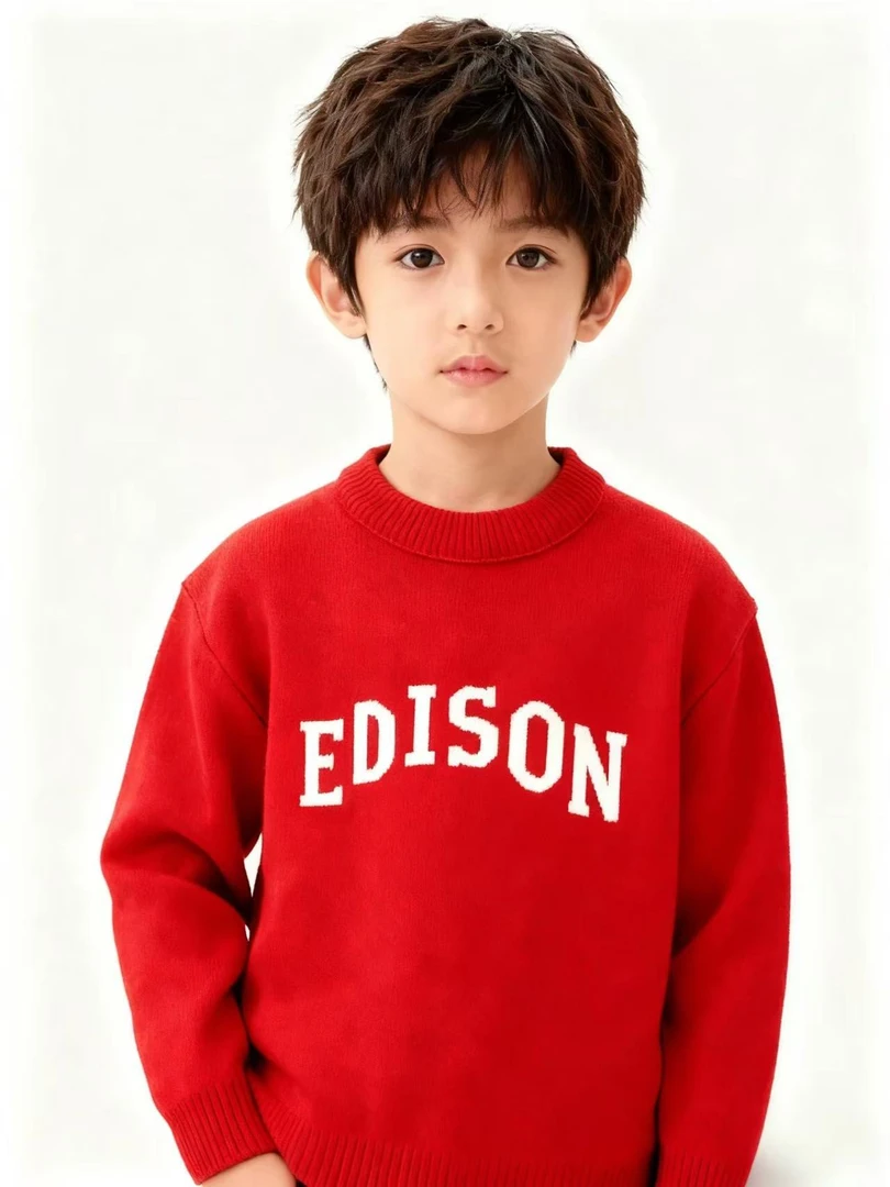 2025新款加厚圆领宝宝秋冬男童女童极简风保暖红色男童毛衣针织衫