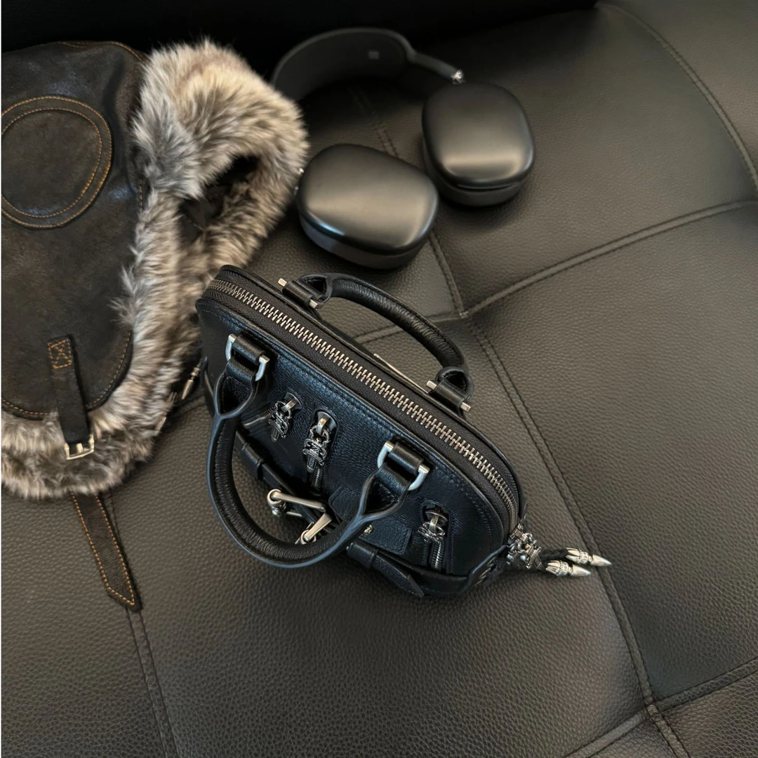 Rebornmoi【vivi老板娘】复古黑色真皮牛皮包经典时尚百搭   BB30