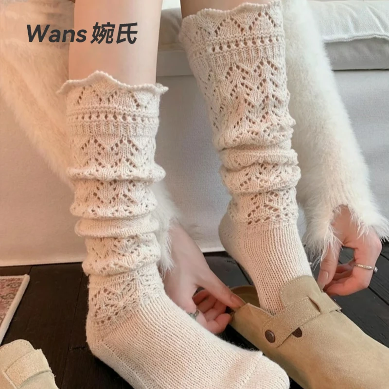 婉氏韦雪同款羊毛小腿堆堆袜女秋冬款针织镂空毛线日系复古长筒袜
