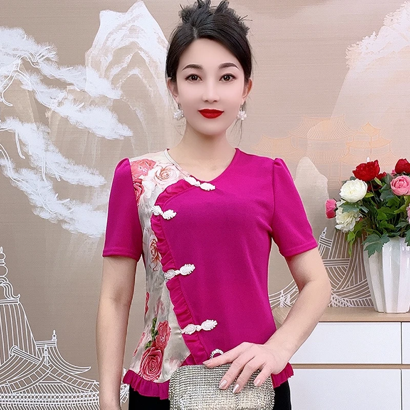 25016款夏季时尚显瘦短袖中式修身复古T恤气质短款洋气小衫妈妈装