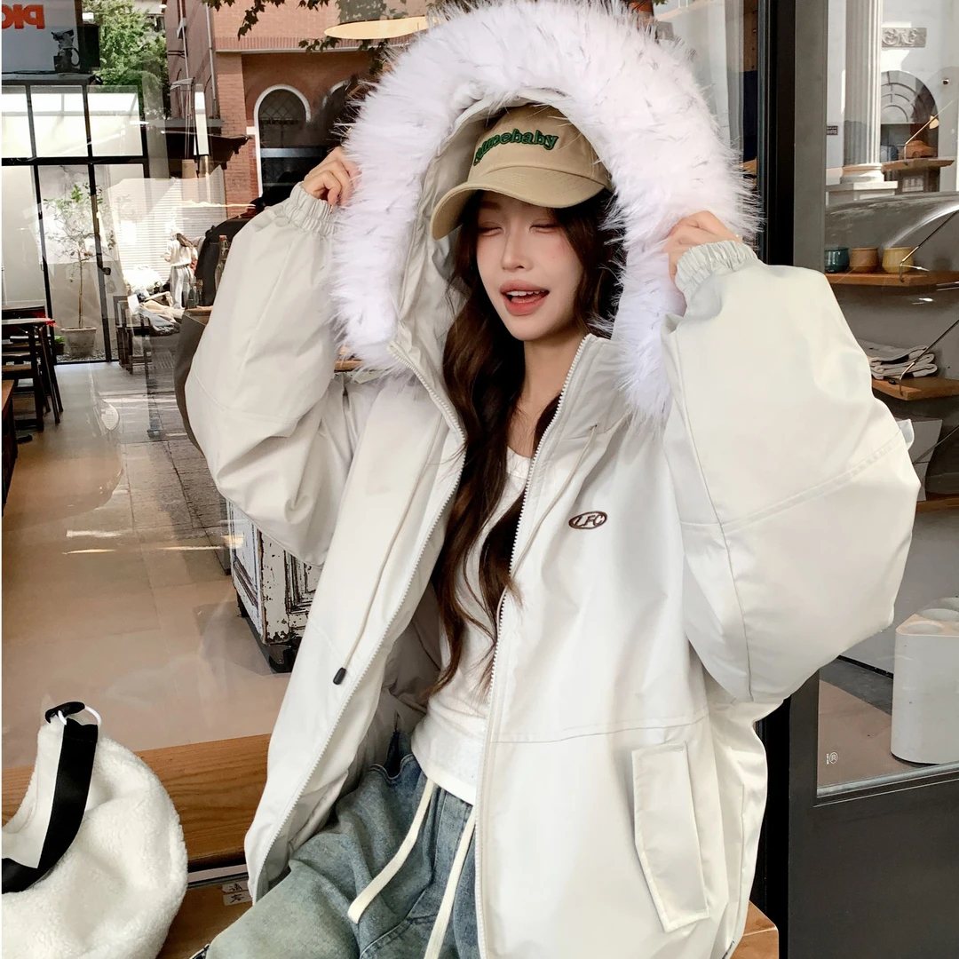 洛范尘工装派克羽绒服女短款2025年冬季新款外套小个子加厚大毛领