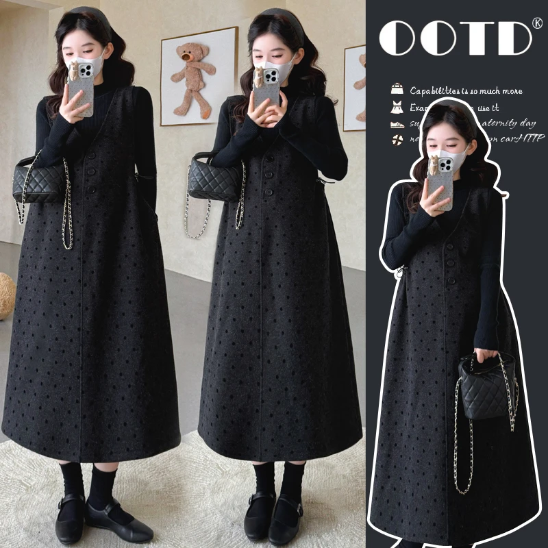 xiaobu~2025秋冬新款套装孕妈高级感穿搭毛呢波点背心裙两件套装