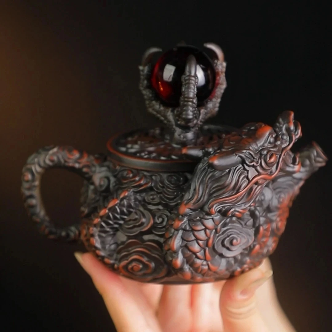 轻奢高定手工紫陶壶泡茶专用祥龙戏珠壶家用复古手工泡茶壶高档W