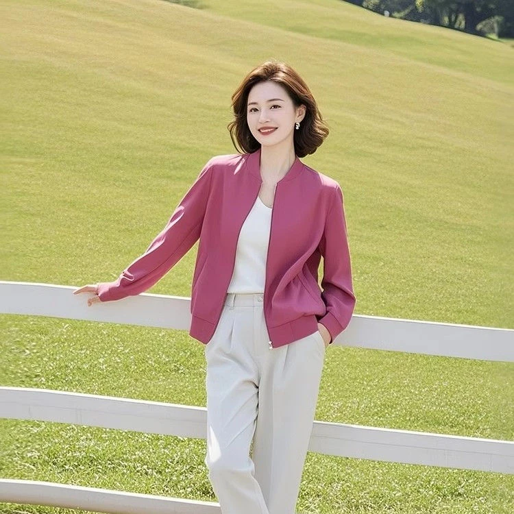 棒球服新款2025外套女春秋爆款时尚减龄圆领上衣洋气玫粉色卫衣