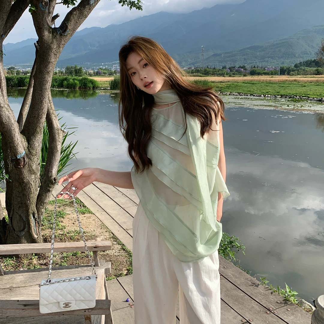 【春游惬意】RARE ZZ 小众设计感气质飘带不规则荷叶边纱纱上衣女