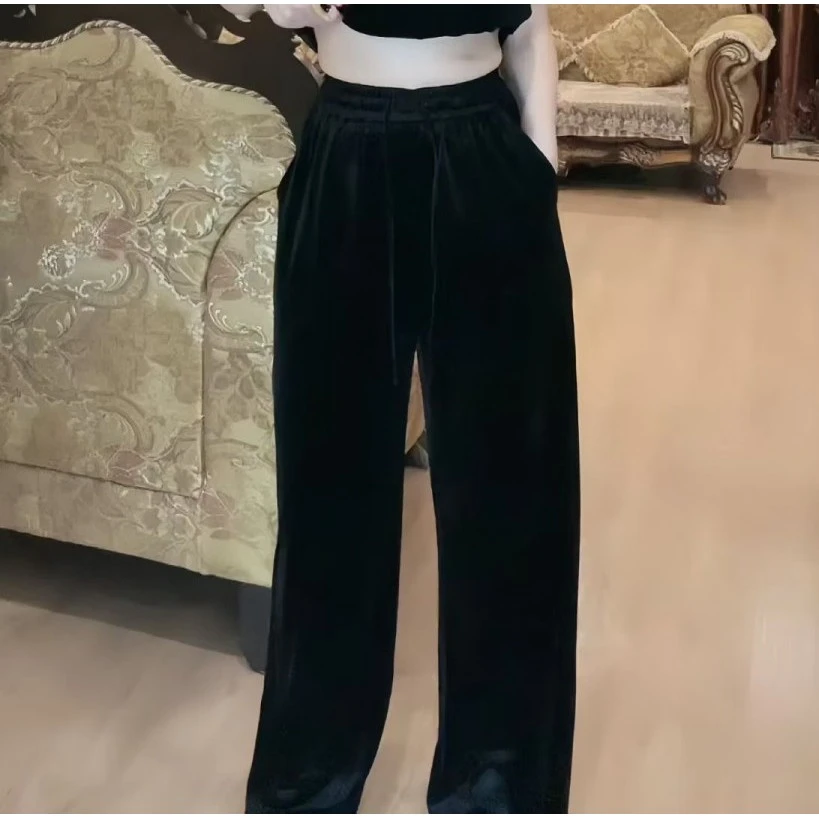 【SR江上清知】高端新中式国风醋酸丝绒松紧腰抽绳直筒裤国潮气质