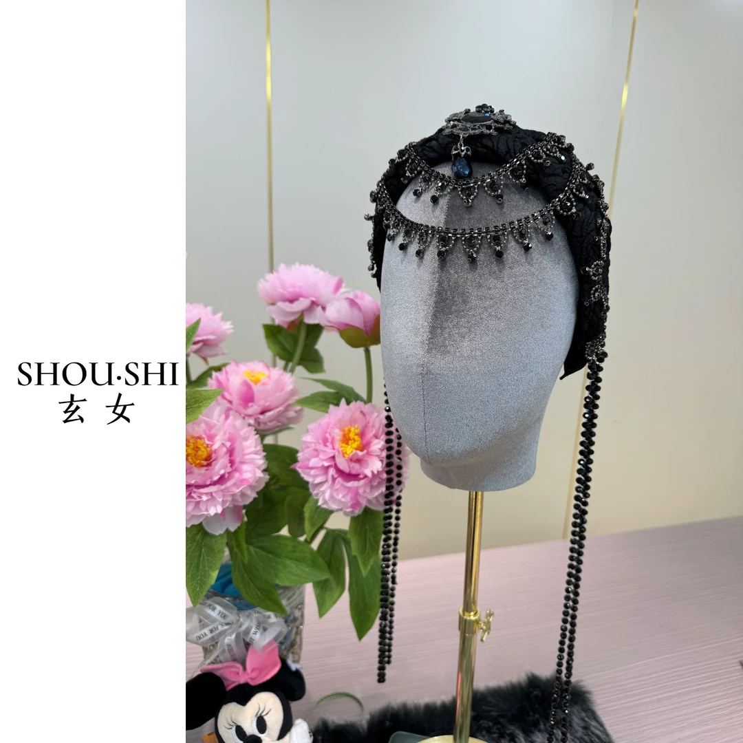 SHOUSHI【玄女】原厂设计纯黑色晶晶石额间流苏设计民族风潮流发箍