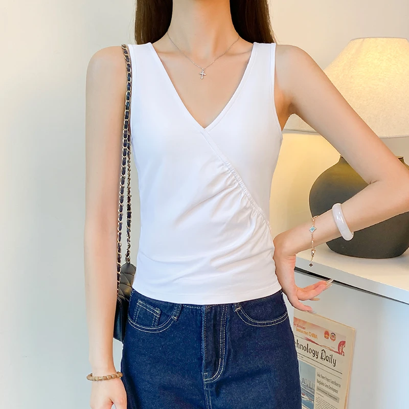 白色V领褶皱拼接吊带背心女夏季内搭修身设计感外穿无袖显瘦上衣