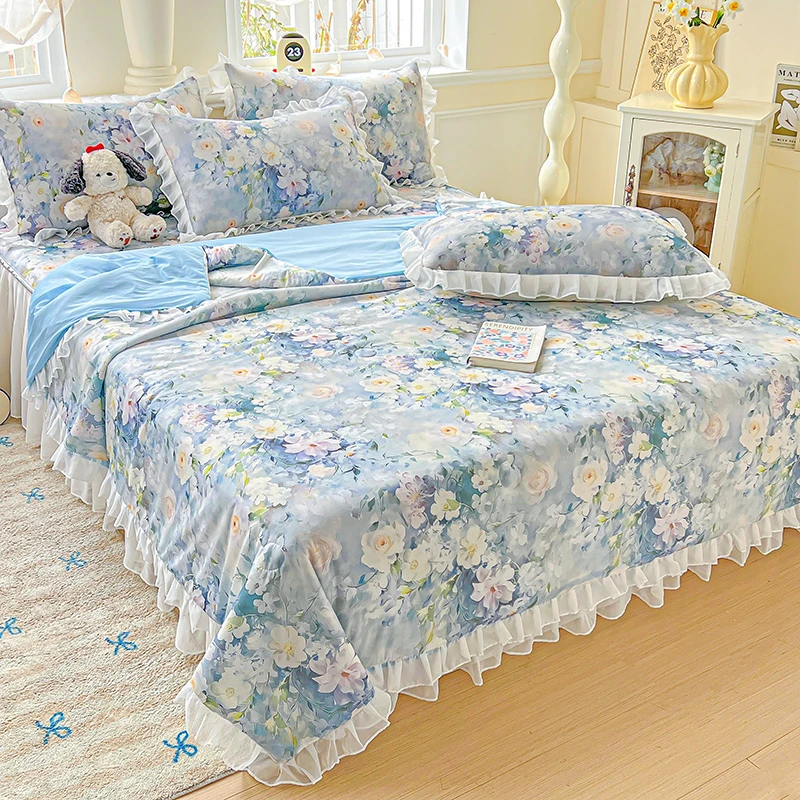 2025新款凉感丝床裙款凉席夏被四件套花边空调被公主风