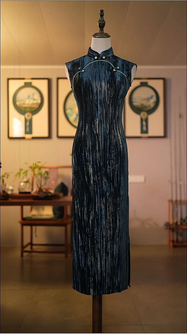 旗袍 长款 复古款(衣长约120cm)暮汐(蓝色)C834
