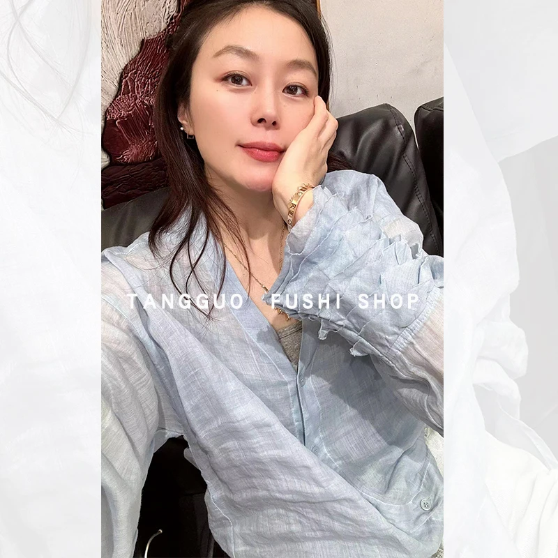 纯色V领薄款苎麻衬衫『慵懒风』高级感喇叭袖宽松洋气长袖衬衣5033