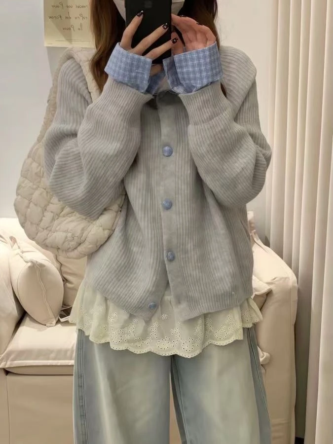 韩系复古灰色翻领长袖针织开衫女秋季新款慵懒风宽松显瘦外套