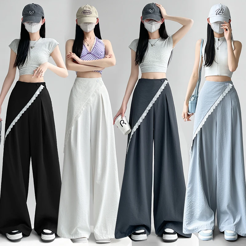 拉夏贝尔蕾丝西装阔腿裤女2025夏季高腰设计感气质休闲西装拖地裤