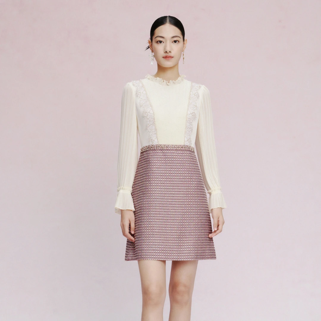 拉珂蒂百褶袖钉珠蕾丝拼接花纱连衣裙女RF05352U4