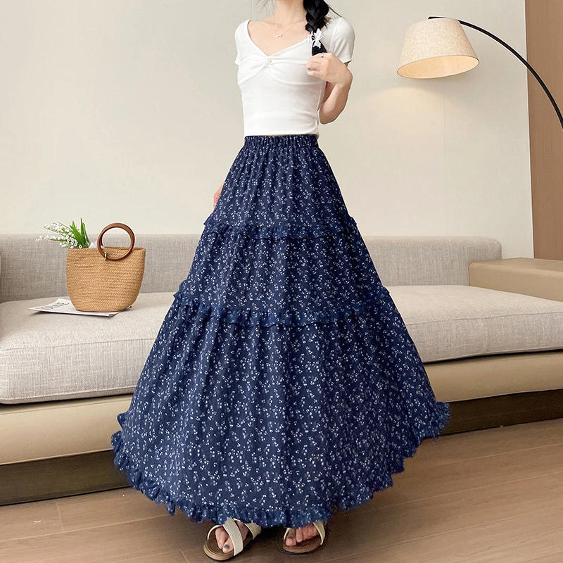 米白复古拼接宽松韩版春夏新款碎花高腰A字半身裙甜美风森系长裙