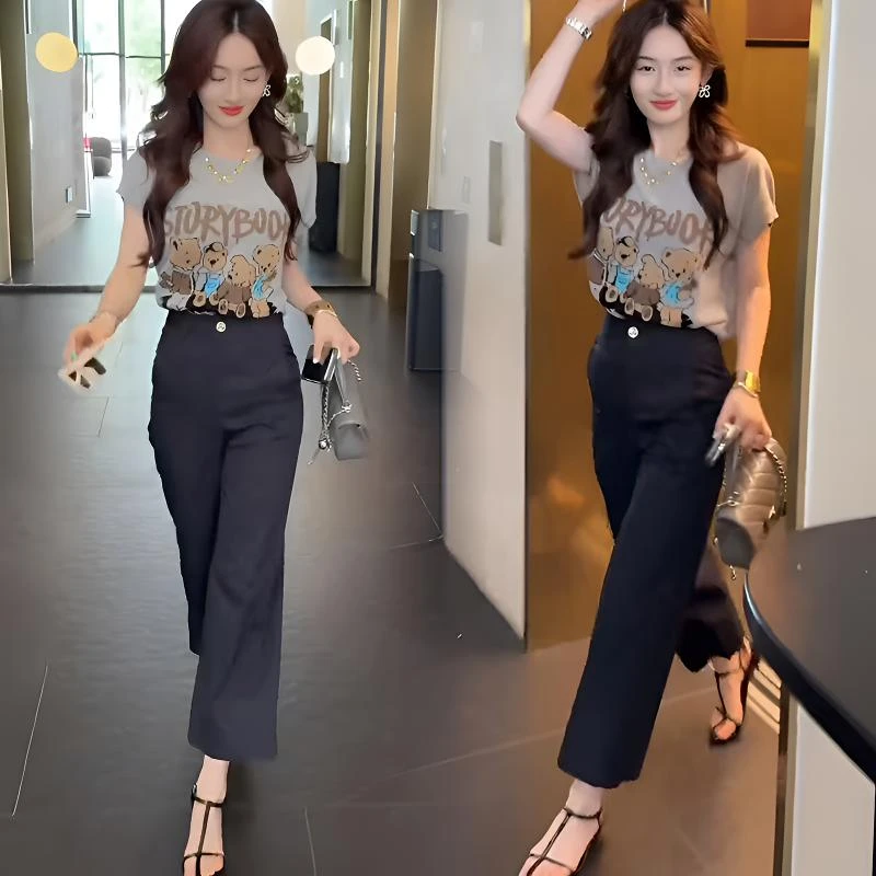 时尚套装女宽松夏季新款圆领短袖T恤上衣减龄休闲九分裤子两件套