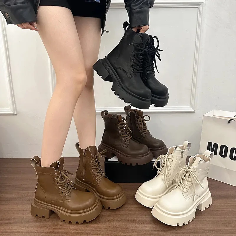 棕色英伦风机车短靴女2025早秋新款复古厚底增高美拉德中筒马丁靴