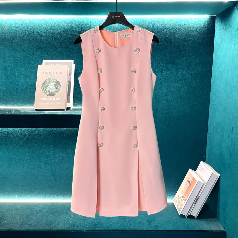 设计师款双排钻扣圆领无袖收腰夏季连E001216