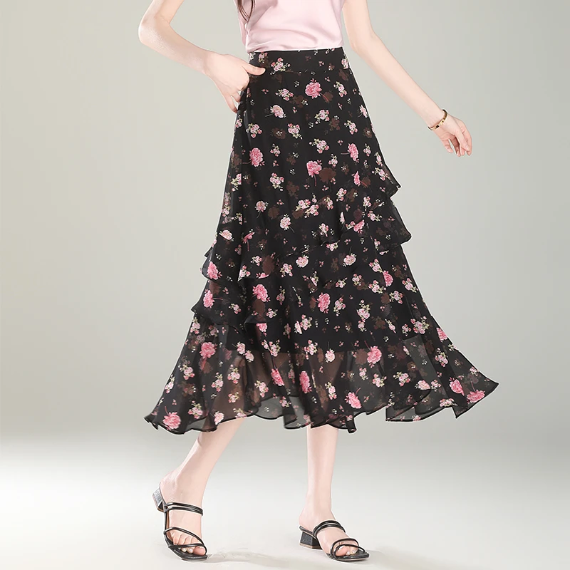 碎花雪纺半身裙女夏薄款2025新款气质长裙a字荷叶边不规则蛋糕裙