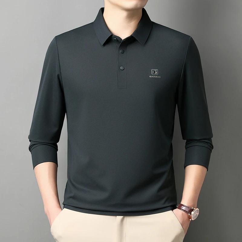 雅鹿男装无痕长袖款纽扣免烫男纯色Polo衫休闲polo春秋翻领