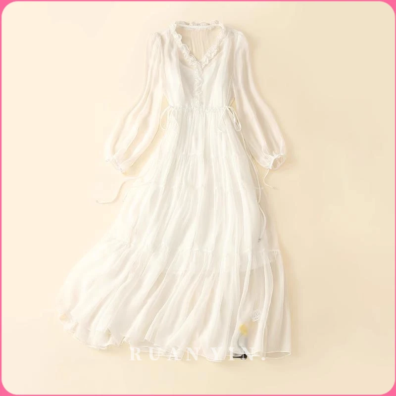 RUAN YIN白色真丝连衣裙女夏季2025新款v领高级木耳边桑蚕丝长裙