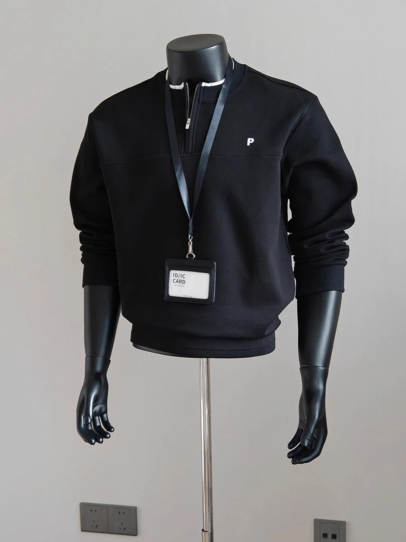 黑色美式重磅半拉链卫衣无帽男秋季假两件正肩长袖t恤内搭打底衫