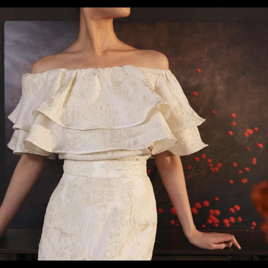 【香榭丽·游记】XM轻奢气质法式荷叶露肩名媛宴会优雅显瘦女士上衣