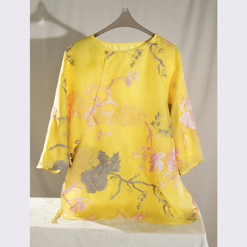 【原茧/柔纱】桑蚕丝国风新中式女圆领夏季宽松斜襟提绣花衬衫F5255