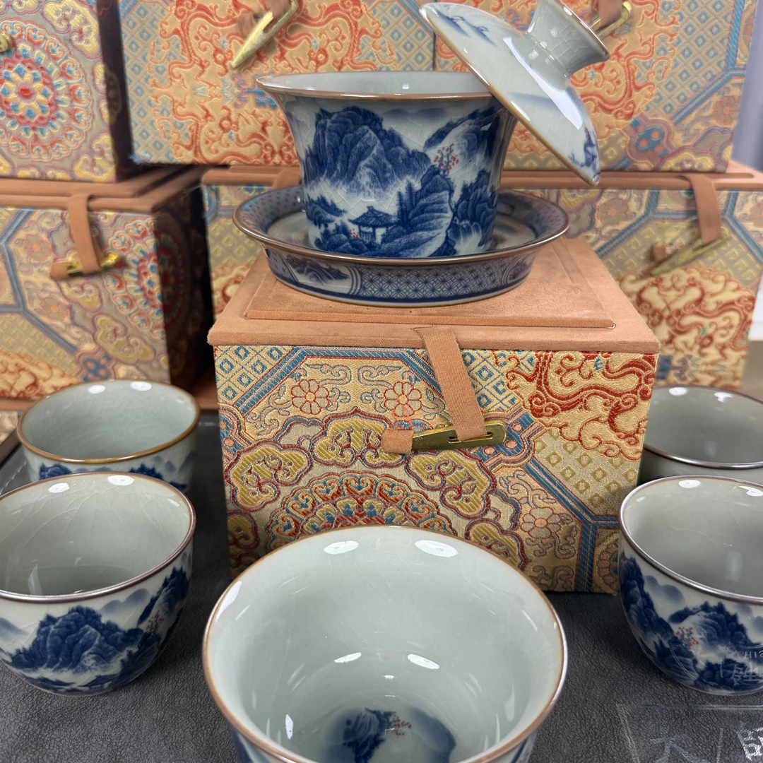 景德镇青花釉里红山水陶泥六件套